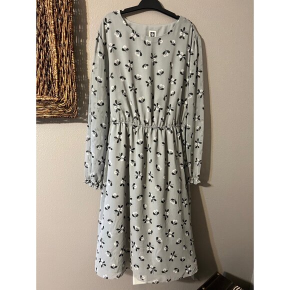 Anne Klein Dress Gray Black Floral XL Extra Large Long Sleeve Blouson Flowy - Picture 2 of 6
